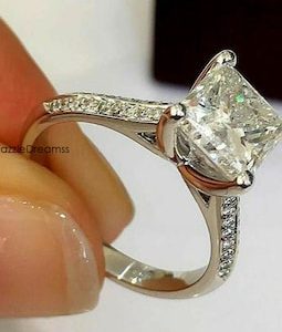 2CT Princess Cut Moissanite Engagement Ring, Solitaire Moissanite Diamond Ring, Simulated Silver Ring, Square Cut Moissanite 14K Gold Ring
