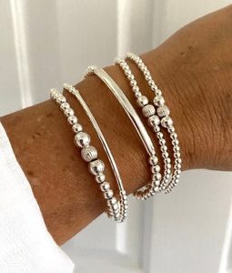 Sterling silver beaded bracelet for women, stacking stretchy jewelry gift, wedding set