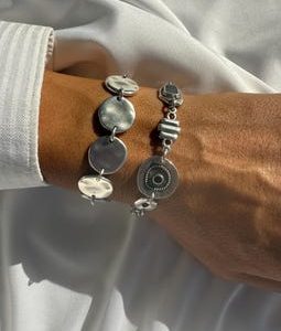 Silver Chunky Bracelets Set, Hammered Disc Bracelets, Stainless Steel Chains, Round Charms Bracelet, Statement Bracelet.