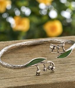 Enamel Lily of the Valley Cuff Bracelet, Adjustable Size