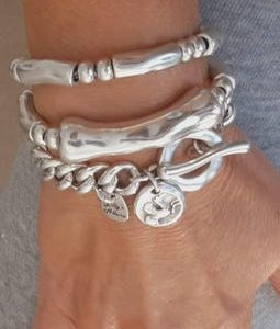 Sterling Silver Plated Chunky Bangles and Curb Chain Set, Modern Stackable Bracelets