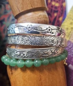 Silver Flower Etched Bangle Cuff Bracelet Bracelets with Jewelry bag
