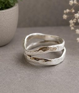 925 Sterling Silver Double Layer Ring, Handmade Wave Ring, Minimalist Stack Ring, Adjustable Open Band Ring, Modern Gift for Her